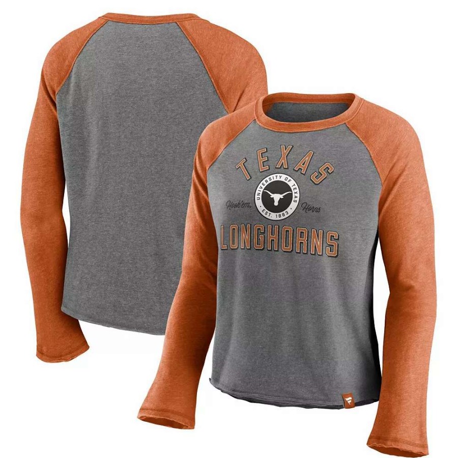 Tops * | Women'S Majestic Heathered Gray/Heathered Texas Orange Texas Longhorns Competitive Edge Cropped Raglan Long Sleeve T-Shirt