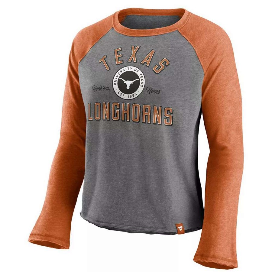 Tops * | Women'S Majestic Heathered Gray/Heathered Texas Orange Texas Longhorns Competitive Edge Cropped Raglan Long Sleeve T-Shirt