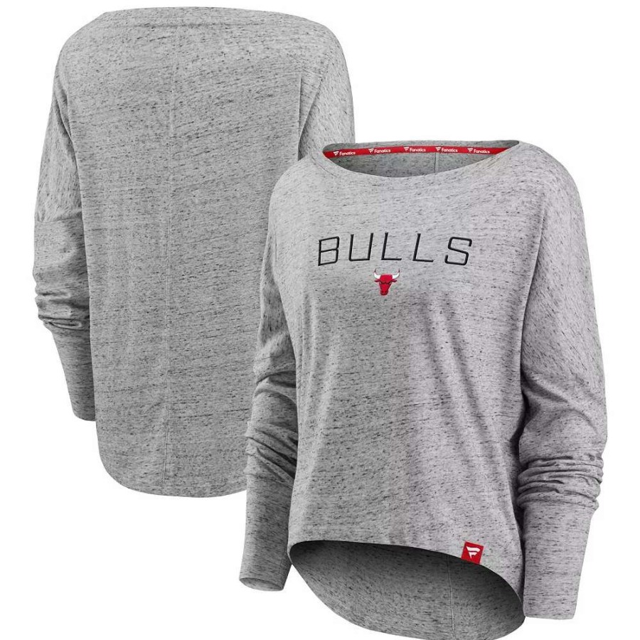 Tops * | Women'S Fanatics Branded Heathered Gray Chicago Bulls Nostalgia Off-The-Shoulder Long Sleeve T-Shirt