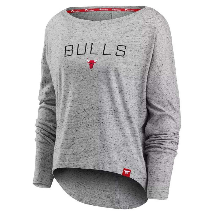 Tops * | Women'S Fanatics Branded Heathered Gray Chicago Bulls Nostalgia Off-The-Shoulder Long Sleeve T-Shirt