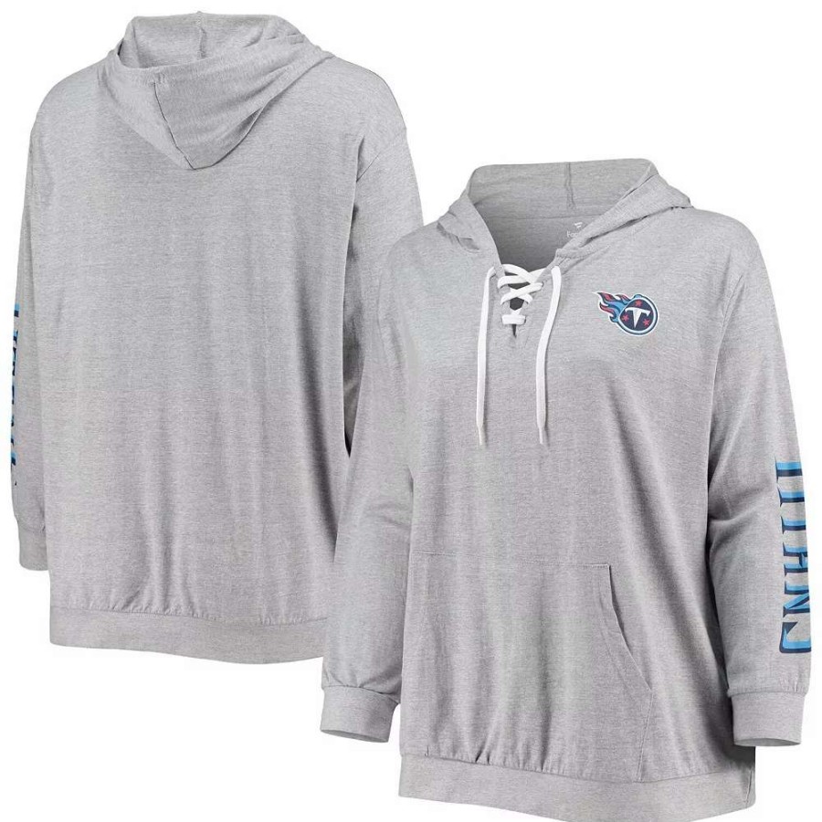 Tops * | Women'S Fanatics Branded Heathered Gray Tennessee Titans Plus Size Lace-Up Pullover Hoodie