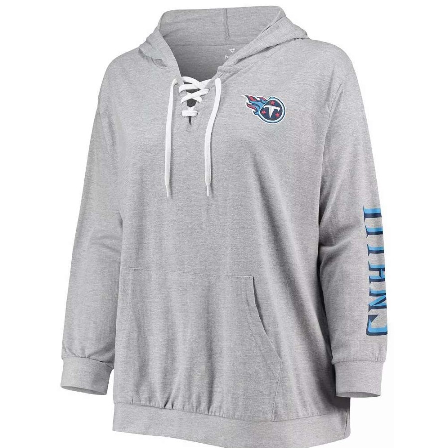 Tops * | Women'S Fanatics Branded Heathered Gray Tennessee Titans Plus Size Lace-Up Pullover Hoodie