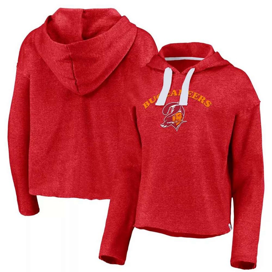 Tops * | Women'S Fanatics Branded Heathered Red Tampa Bay Buccaneers Sport Resort Vintage Arc Cropped Raw Edge Pullover Hoodie