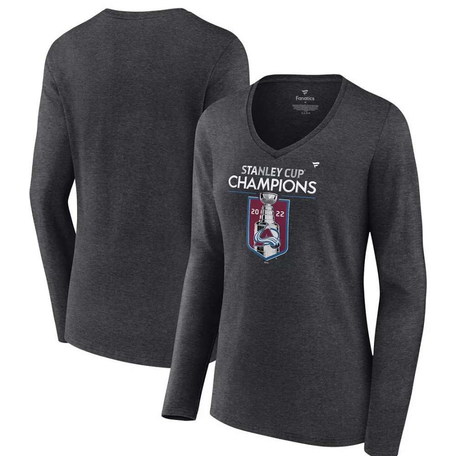 Tops * | Women'S Fanatics Branded Heathered Charcoal Colorado Avalanche 2022 Stanley Cup Champions Locker Room V-Neck Long Sleeve T-Shirt