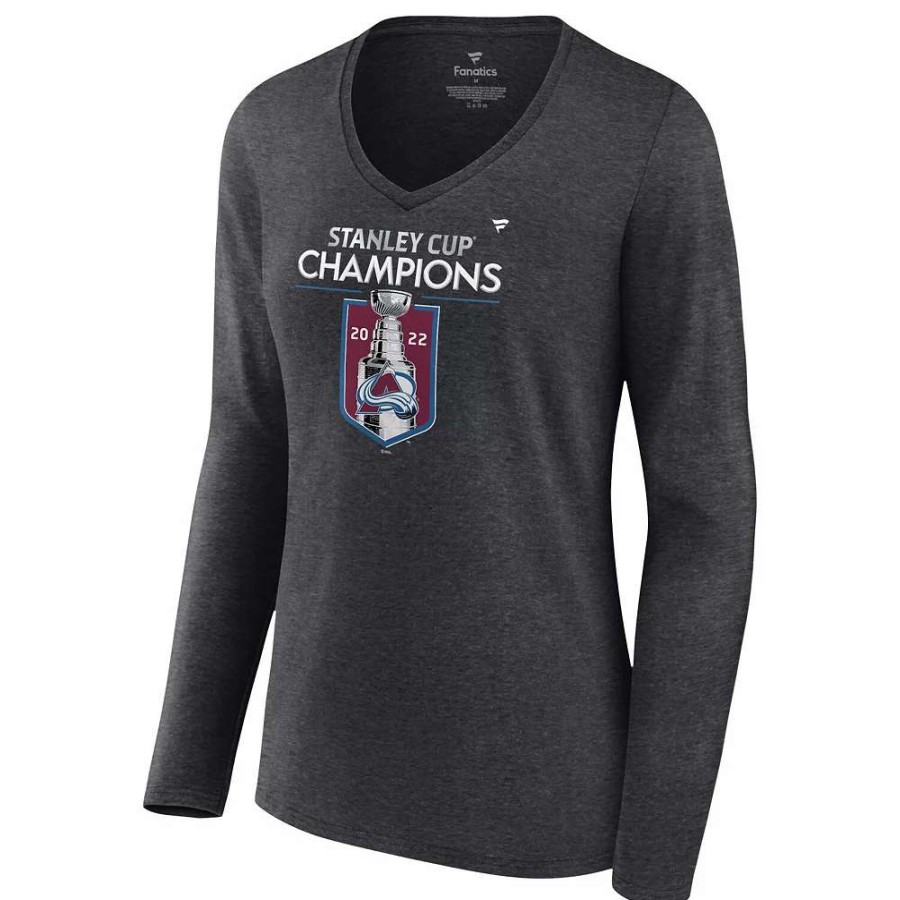 Tops * | Women'S Fanatics Branded Heathered Charcoal Colorado Avalanche 2022 Stanley Cup Champions Locker Room V-Neck Long Sleeve T-Shirt