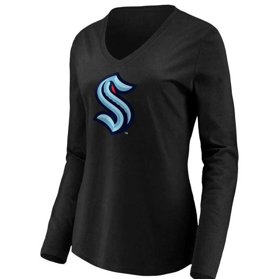 Tops * | Women'S Fanatics Branded Black Seattle Kraken Primary Logo Long Sleeve V-Neck T-Shirt