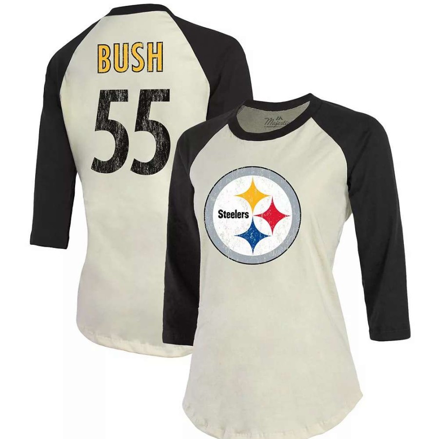 Tops * | Women'S Fanatics Branded Devin Bush Cream/Black Pittsburgh Steelers Player Raglan Name & Number 3/4-Sleeve T-Shirt