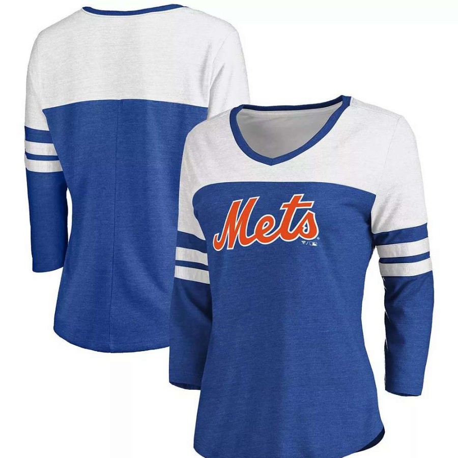 Tops * | Women'S Fanatics Branded Heathered Royal/White New York Mets Official Wordmark 3/4 Sleeve V-Neck T-Shirt