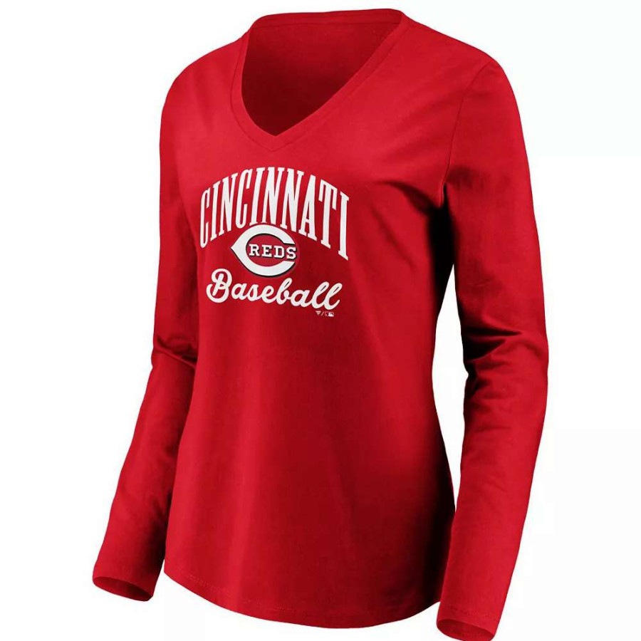 Tops * | Women'S Fanatics Branded Red Cincinnati Reds Victory Script V-Neck Long Sleeve T-Shirt