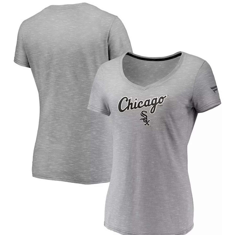 Tops * | Women'S Fanatics Branded Gray Chicago White Sox Wordmark & Logo Space-Dye V-Neck T-Shirt