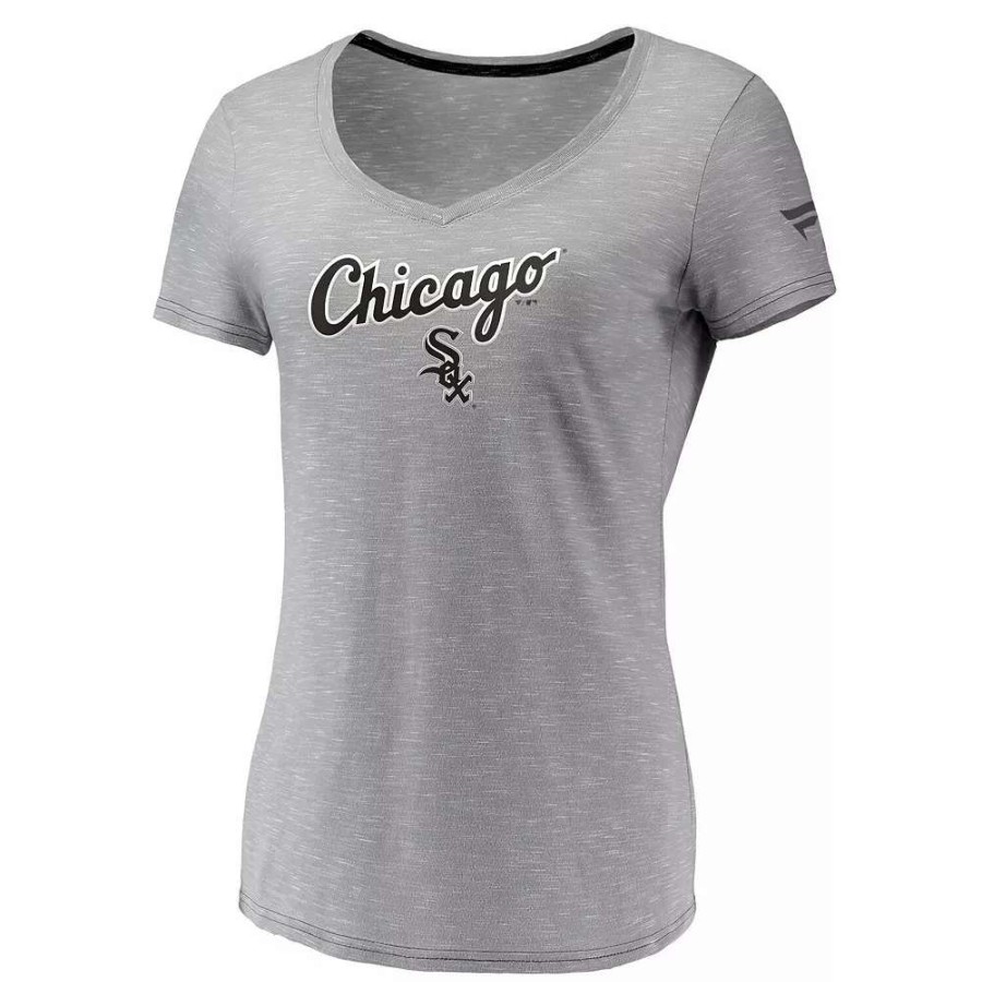 Tops * | Women'S Fanatics Branded Gray Chicago White Sox Wordmark & Logo Space-Dye V-Neck T-Shirt