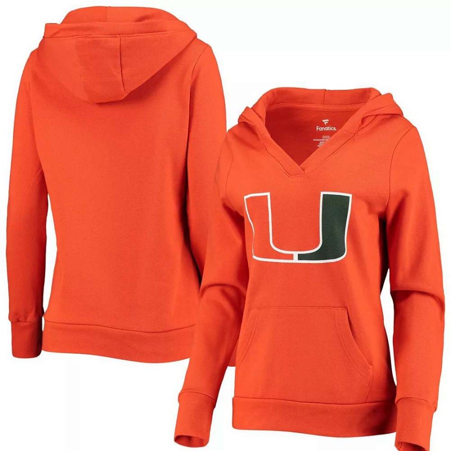 Tops * | Women'S Fanatics Branded Orange Miami Hurricanes Primary Logo V-Neck Pullover Hoodie