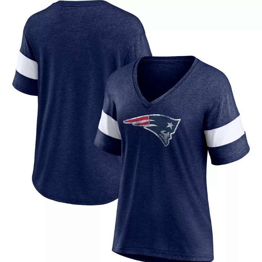 Tops * | Women'S Fanatics Branded Heathered Navy/White New England Patriots Distressed Team Tri-Blend V-Neck T-Shirt