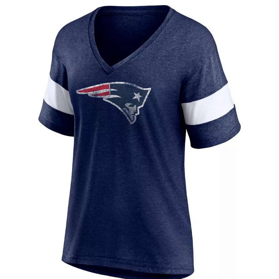 Tops * | Women'S Fanatics Branded Heathered Navy/White New England Patriots Distressed Team Tri-Blend V-Neck T-Shirt