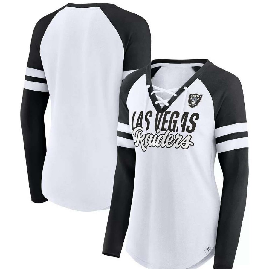 Tops * | Women'S Fanatics Branded White/Black Las Vegas Raiders True To Form Raglan Lace-Up V-Neck Long Sleeve T-Shirt