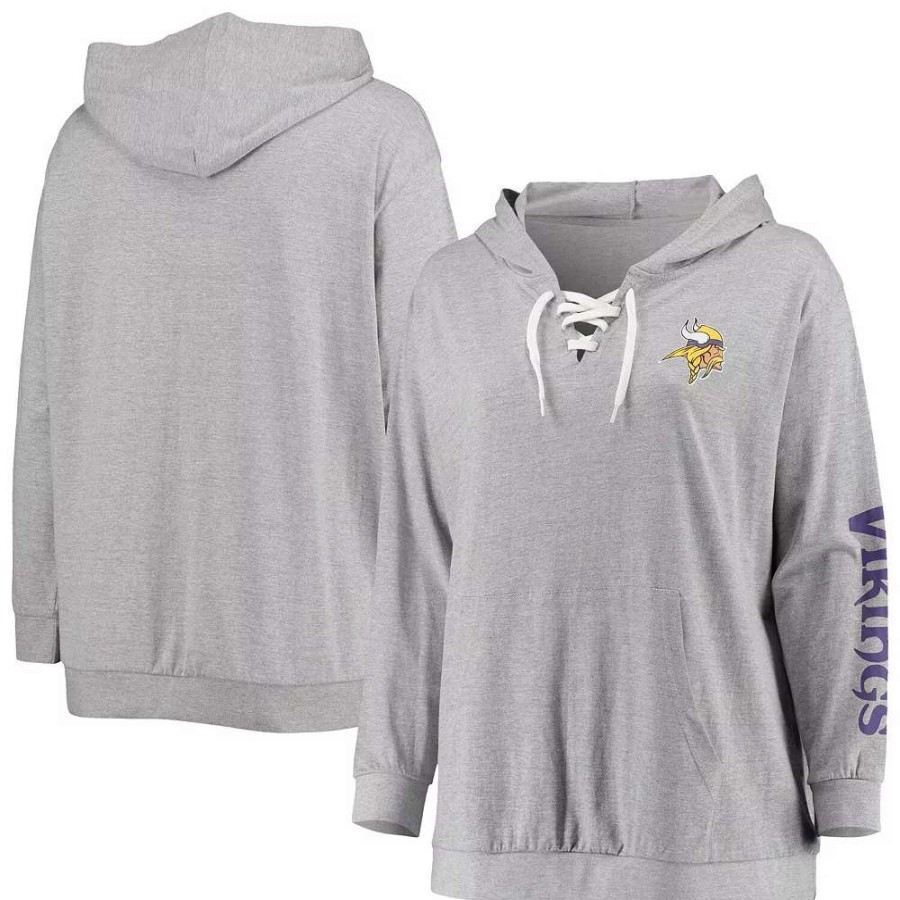 Tops * | Women'S Fanatics Branded Heathered Gray Minnesota Vikings Plus Size Lace-Up Pullover Hoodie