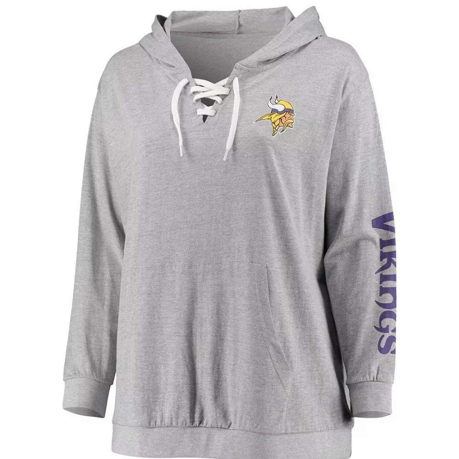 Tops * | Women'S Fanatics Branded Heathered Gray Minnesota Vikings Plus Size Lace-Up Pullover Hoodie