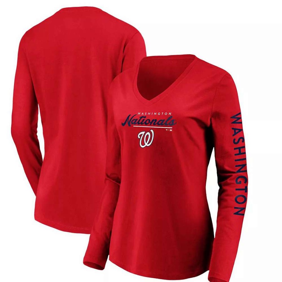 Tops * | Women'S Fanatics Branded Red Washington Nationals Core High Class Long Sleeve V-Neck T-Shirt