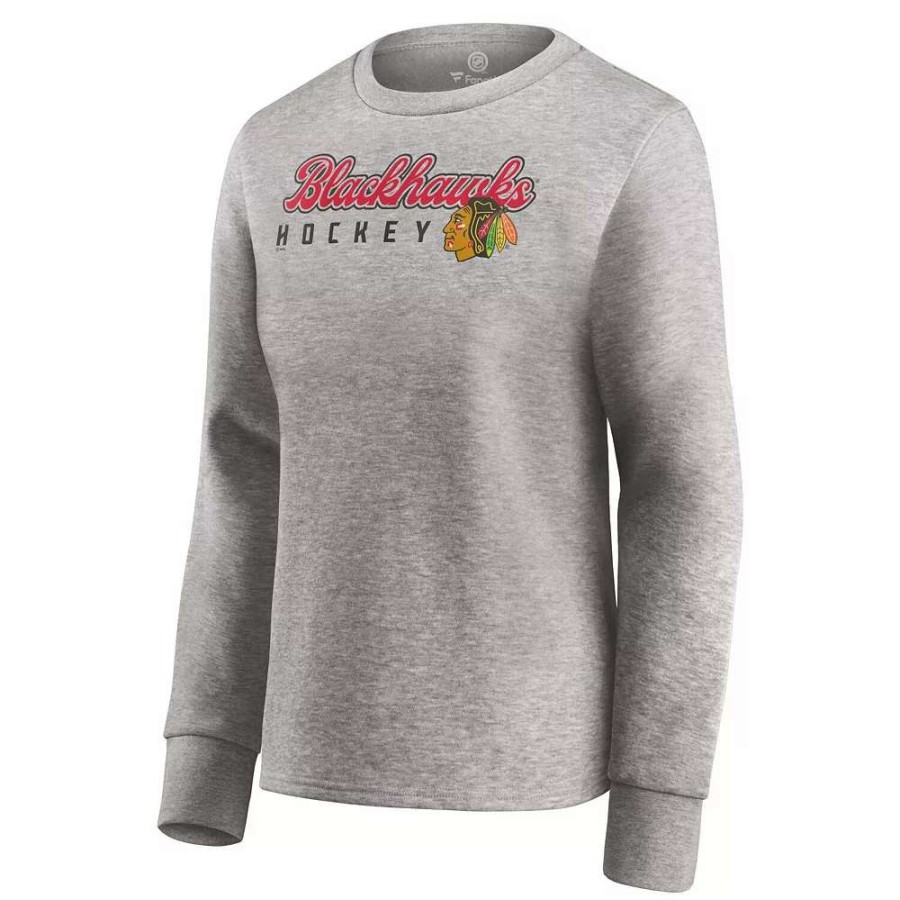 Tops * | Women'S Fanatics Branded Heathered Gray Chicago Blackhawks Fan Favorite Script Pullover Sweatshirt