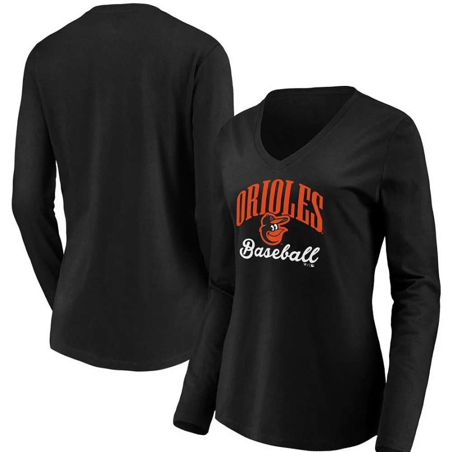 Tops * | Women'S Fanatics Branded Black Baltimore Orioles Victory Script V-Neck Long Sleeve T-Shirt