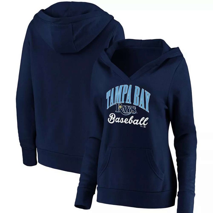 Tops * | Women'S Fanatics Branded Navy Tampa Bay Rays Victory Script Crossover Neck Pullover Hoodie