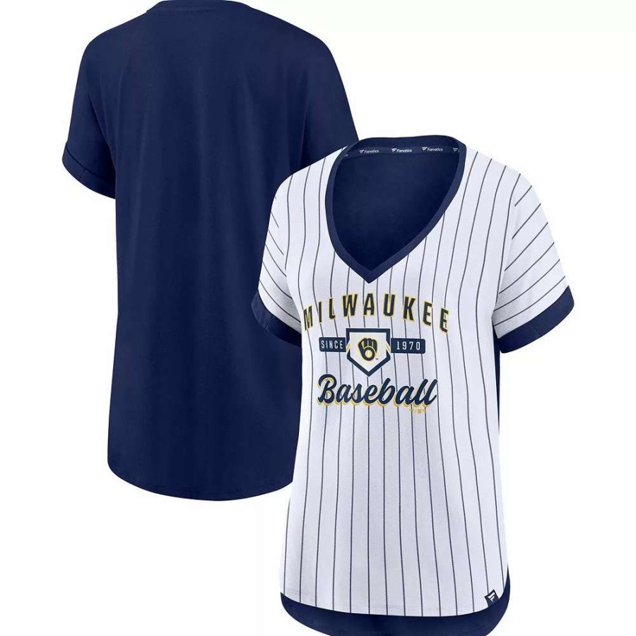 Tops * | Women'S Fanatics Branded White/Navy Milwaukee Brewers Iconic Noise Factor Pinstripe V-Neck T-Shirt