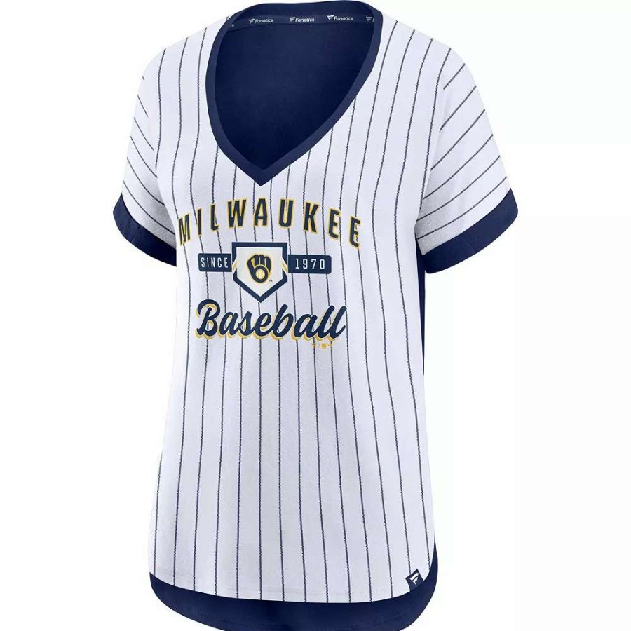 Tops * | Women'S Fanatics Branded White/Navy Milwaukee Brewers Iconic Noise Factor Pinstripe V-Neck T-Shirt