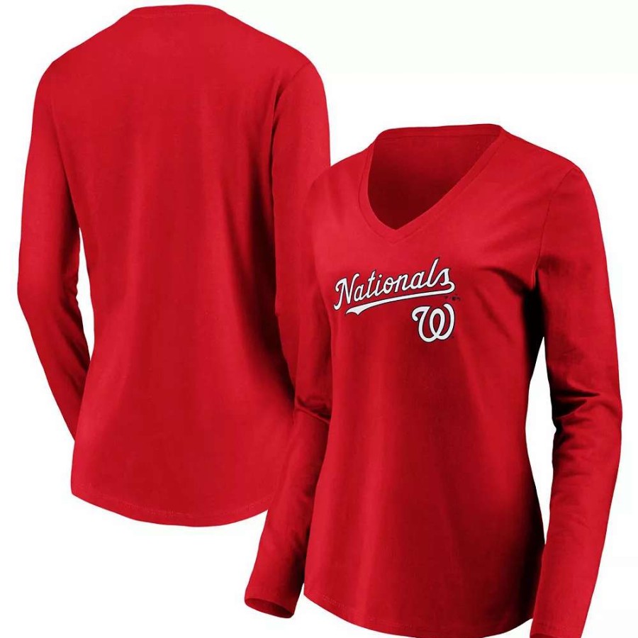 Tops * | Women'S Fanatics Branded Red Washington Nationals Core Team Lockup Long Sleeve V-Neck T-Shirt