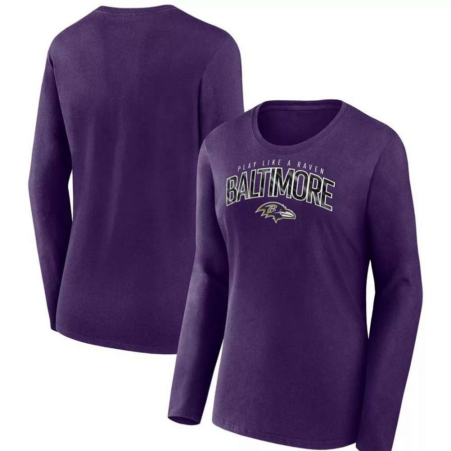 Tops * | Women'S Fanatics Branded Purple Baltimore Ravens Plus Size Measure Distance Scoop Neck Long Sleeve T-Shirt