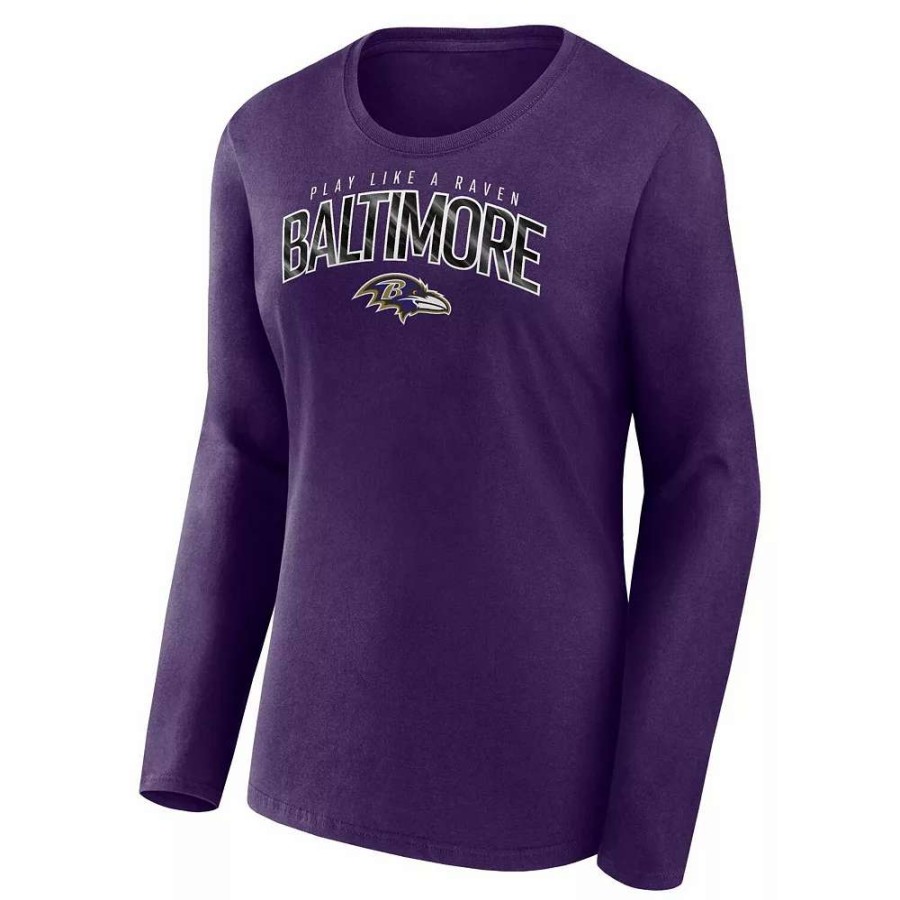 Tops * | Women'S Fanatics Branded Purple Baltimore Ravens Plus Size Measure Distance Scoop Neck Long Sleeve T-Shirt