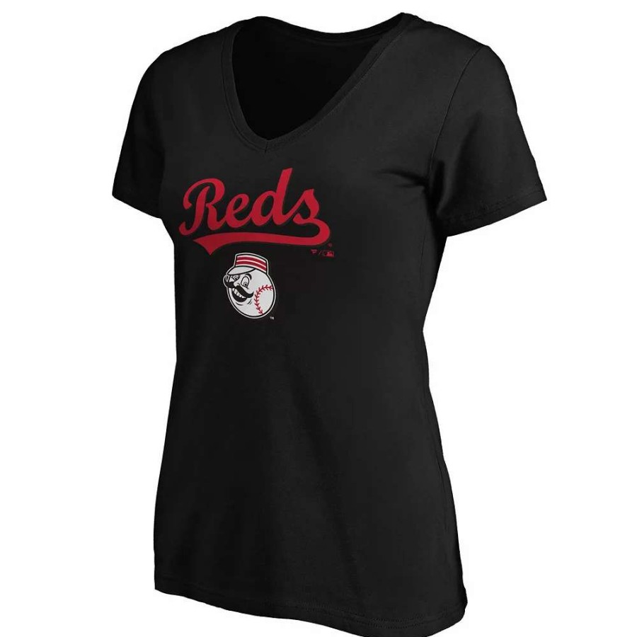 Tops * | Women'S Fanatics Branded Black Cincinnati Reds Team Logo Lockup V-Neck T-Shirt