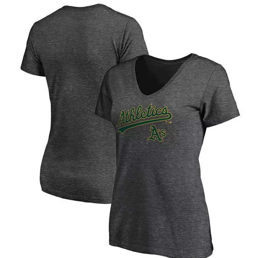 Tops * | Women'S Fanatics Branded Heathered Charcoal Oakland Athletics Team Logo Lockup V-Neck T-Shirt