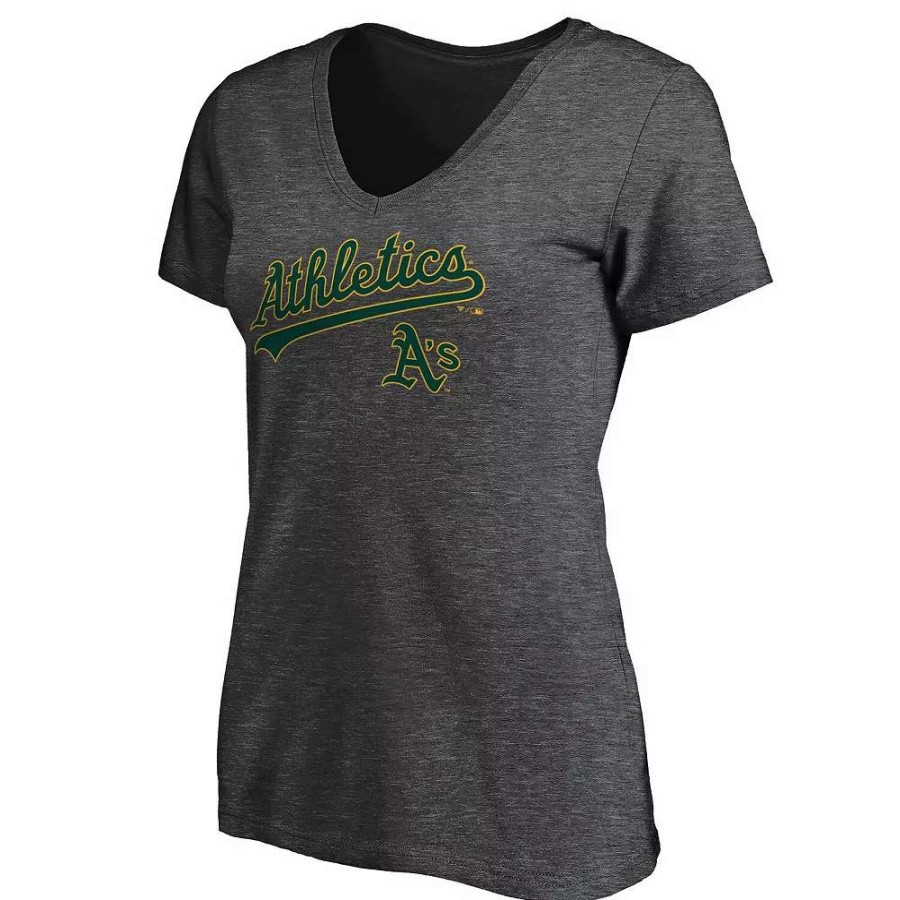 Tops * | Women'S Fanatics Branded Heathered Charcoal Oakland Athletics Team Logo Lockup V-Neck T-Shirt