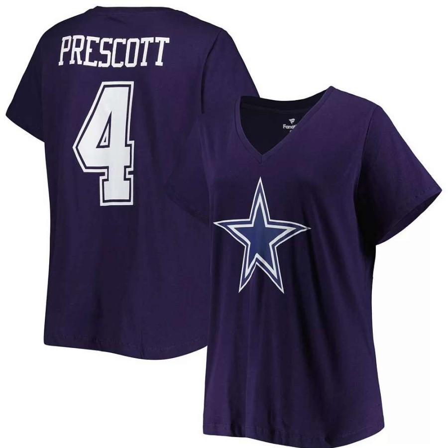 Tops * | Women'S Fanatics Branded Dak Prescott Navy Dallas Cowboys Plus Size Player Name & Number Logo V-Neck T-Shirt