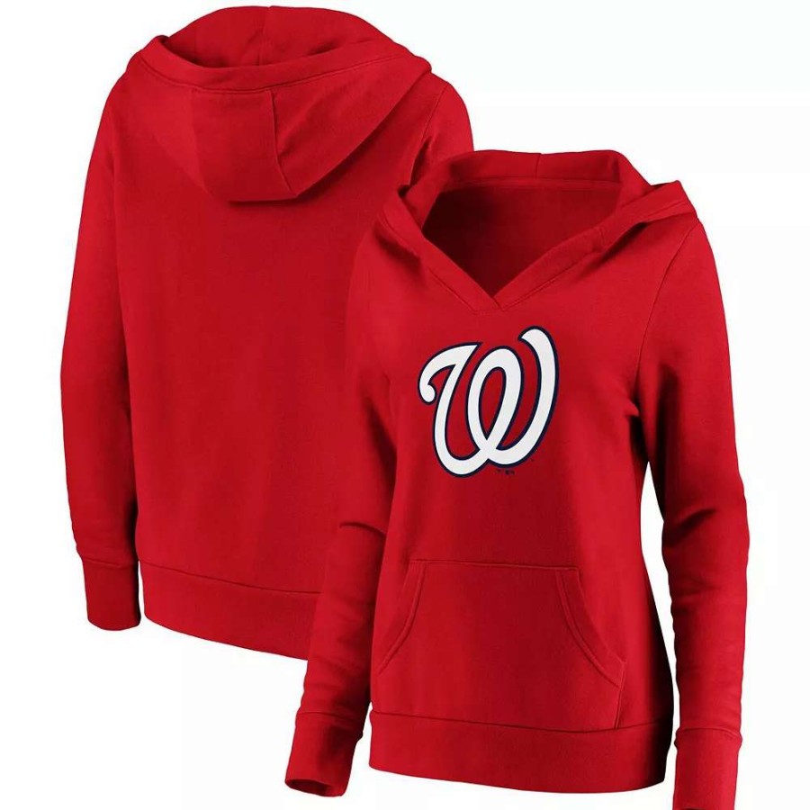 Tops * | Women'S Fanatics Branded Red Washington Nationals Official Logo Crossover V-Neck Pullover Hoodie