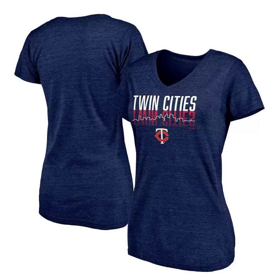 Tops * | Women'S Fanatics Branded Heathered Navy Minnesota Twins Twinsies Hometown Collection Tri-Blend V-Neck T-Shirt