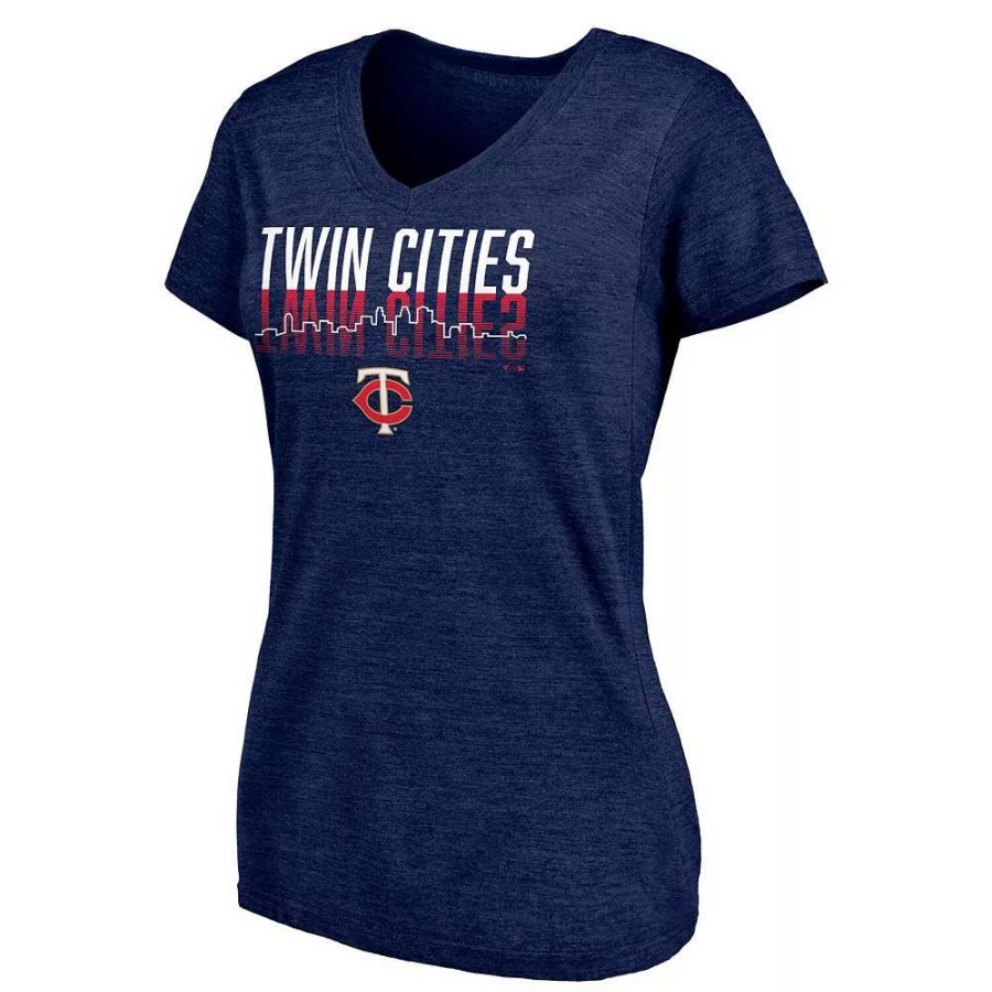 Tops * | Women'S Fanatics Branded Heathered Navy Minnesota Twins Twinsies Hometown Collection Tri-Blend V-Neck T-Shirt