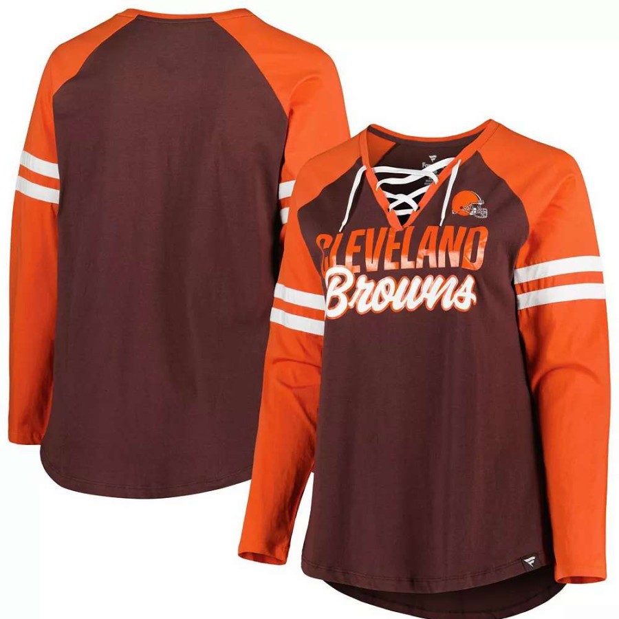 Tops * | Women'S Fanatics Branded Brown/Orange Cleveland Browns Plus Size True To Form Lace-Up V-Neck Raglan Long Sleeve T-Shirt