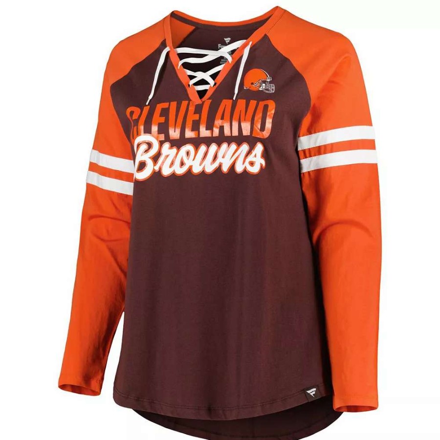 Tops * | Women'S Fanatics Branded Brown/Orange Cleveland Browns Plus Size True To Form Lace-Up V-Neck Raglan Long Sleeve T-Shirt