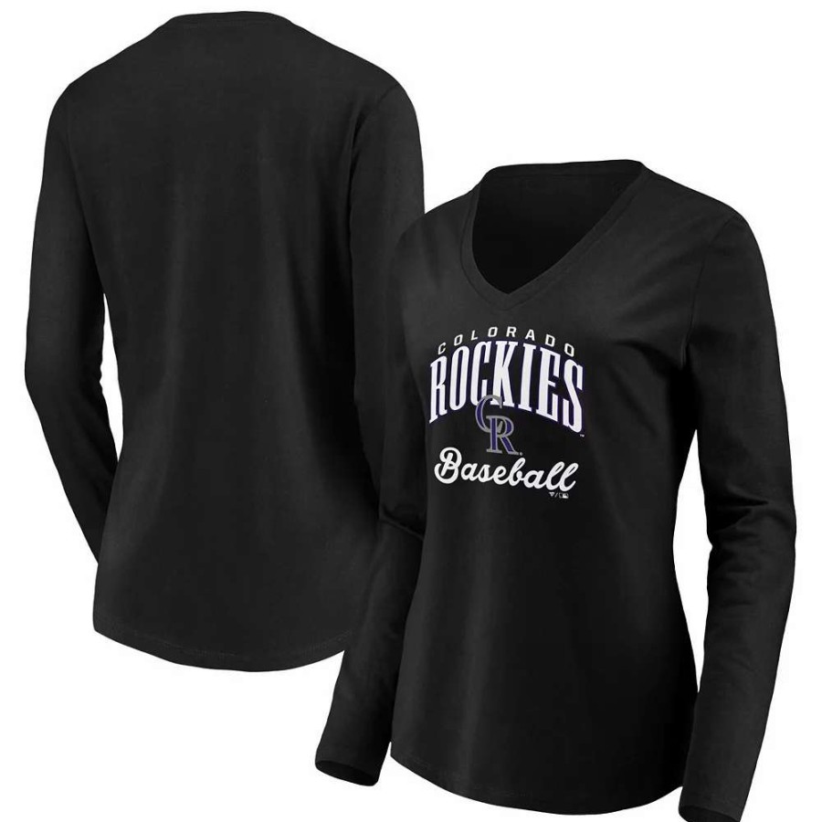 Tops * | Women'S Fanatics Branded Black Colorado Rockies Victory Script V-Neck Long Sleeve T-Shirt