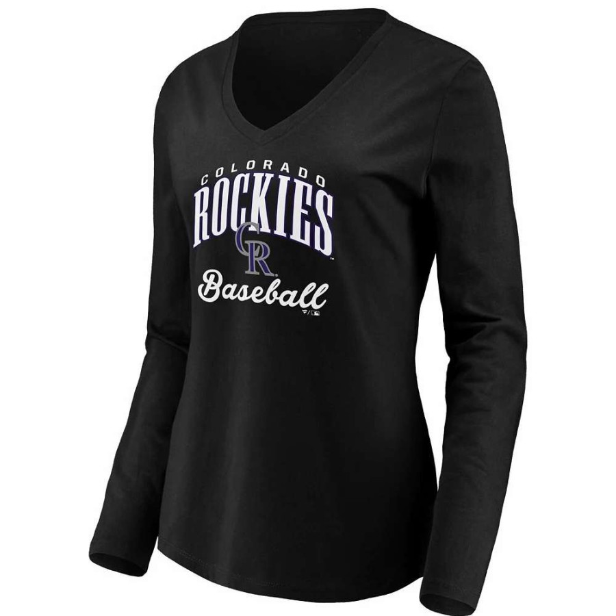 Tops * | Women'S Fanatics Branded Black Colorado Rockies Victory Script V-Neck Long Sleeve T-Shirt