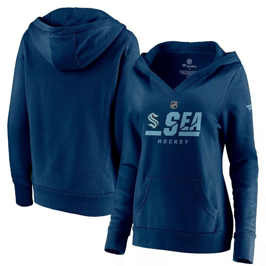 Tops * | Women'S Fanatics Branded Navy Seattle Kraken Authentic Pro Secondary Logo V-Neck Pullover Hoodie