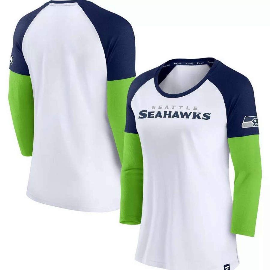 Tops * | Women'S Fanatics Branded White/College Navy Seattle Seahawks Durable Raglan 3/4-Sleeve T-Shirt