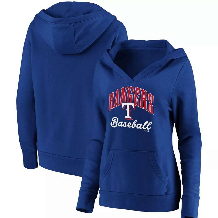 Tops * | Women'S Fanatics Branded Royal Texas Rangers Victory Script Crossover Neck Pullover Hoodie