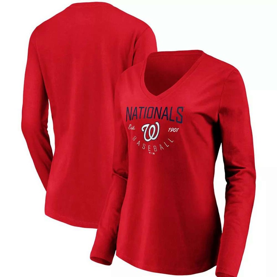 Tops * | Women'S Fanatics Branded Red Washington Nationals Core Live For It V-Neck Long Sleeve T-Shirt