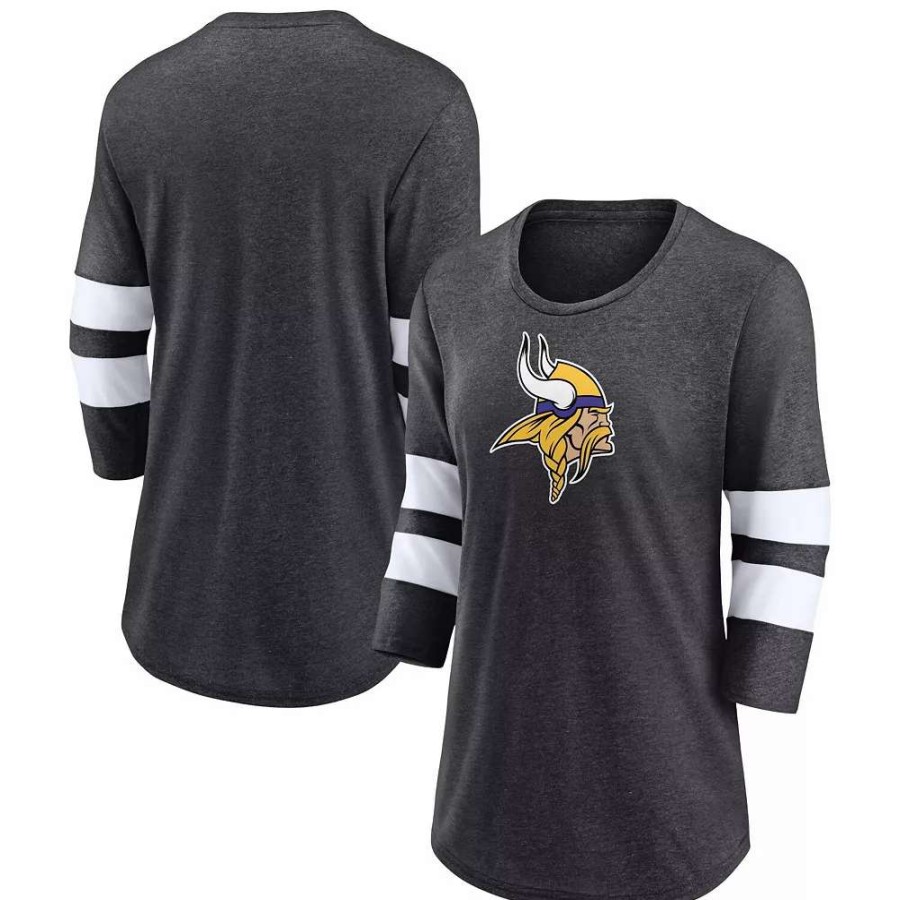 Tops * | Women'S Fanatics Branded Heathered Charcoal Minnesota Vikings Primary Logo 3/4 Sleeve Scoop Neck T-Shirt