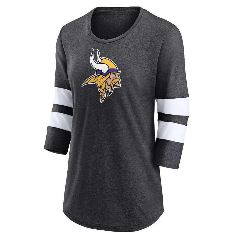 Tops * | Women'S Fanatics Branded Heathered Charcoal Minnesota Vikings Primary Logo 3/4 Sleeve Scoop Neck T-Shirt