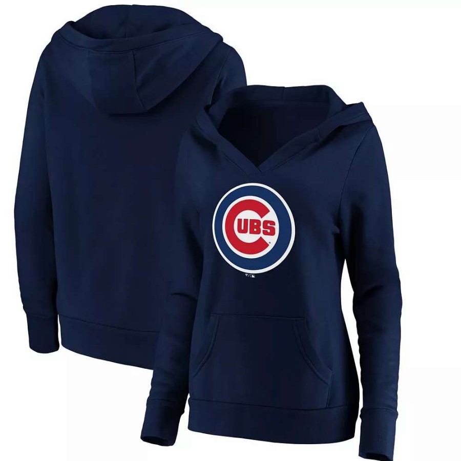 Tops * | Women'S Fanatics Branded Navy Chicago Cubs Official Logo Crossover V-Neck Pullover Hoodie