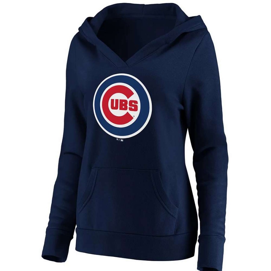 Tops * | Women'S Fanatics Branded Navy Chicago Cubs Official Logo Crossover V-Neck Pullover Hoodie