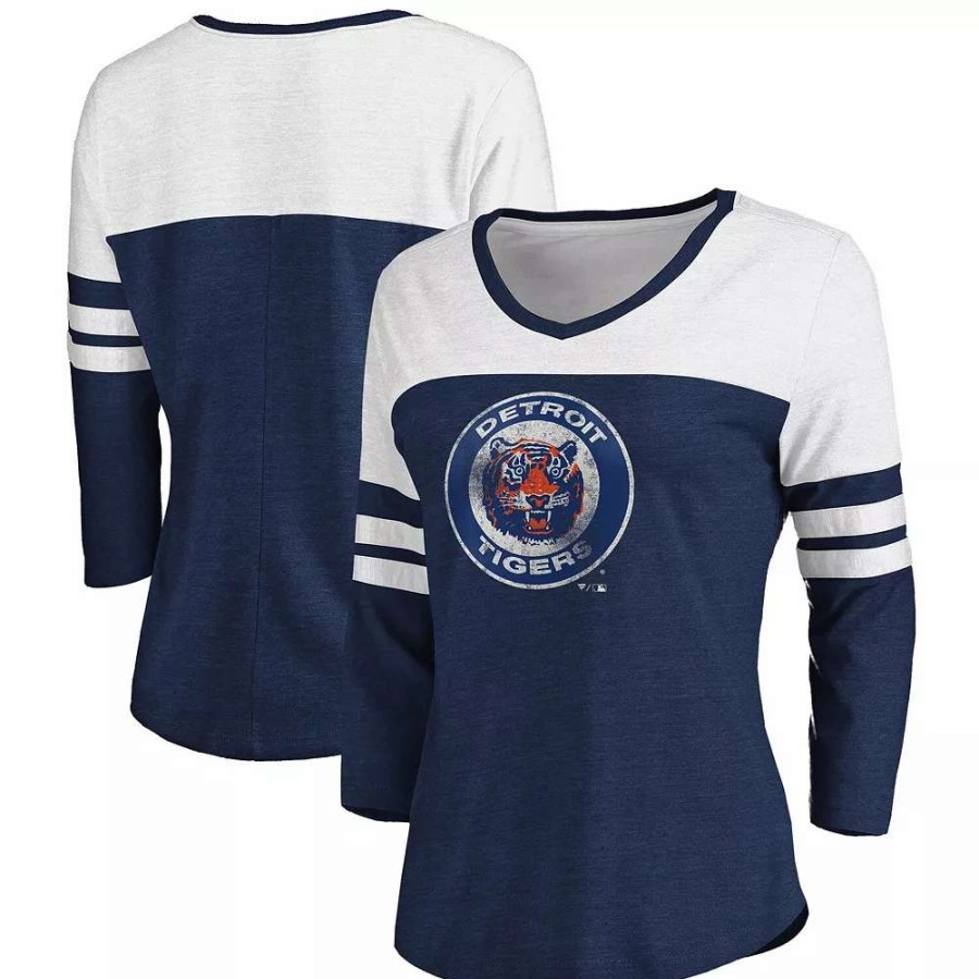 Tops * | Women'S Fanatics Branded Heathered Navy/White Detroit Tigers Two-Toned Distressed Cooperstown Collection Tri-Blend 3/4-Sleeve V-Neck T-Shirt